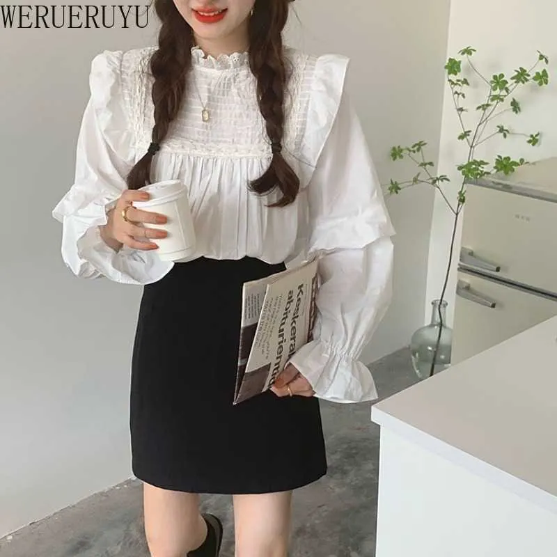 WERUERUYU autumn French romance O-neck Ruffle Top women T-shirts Elegant office lady white Slim lace tee shirt mujer 210608