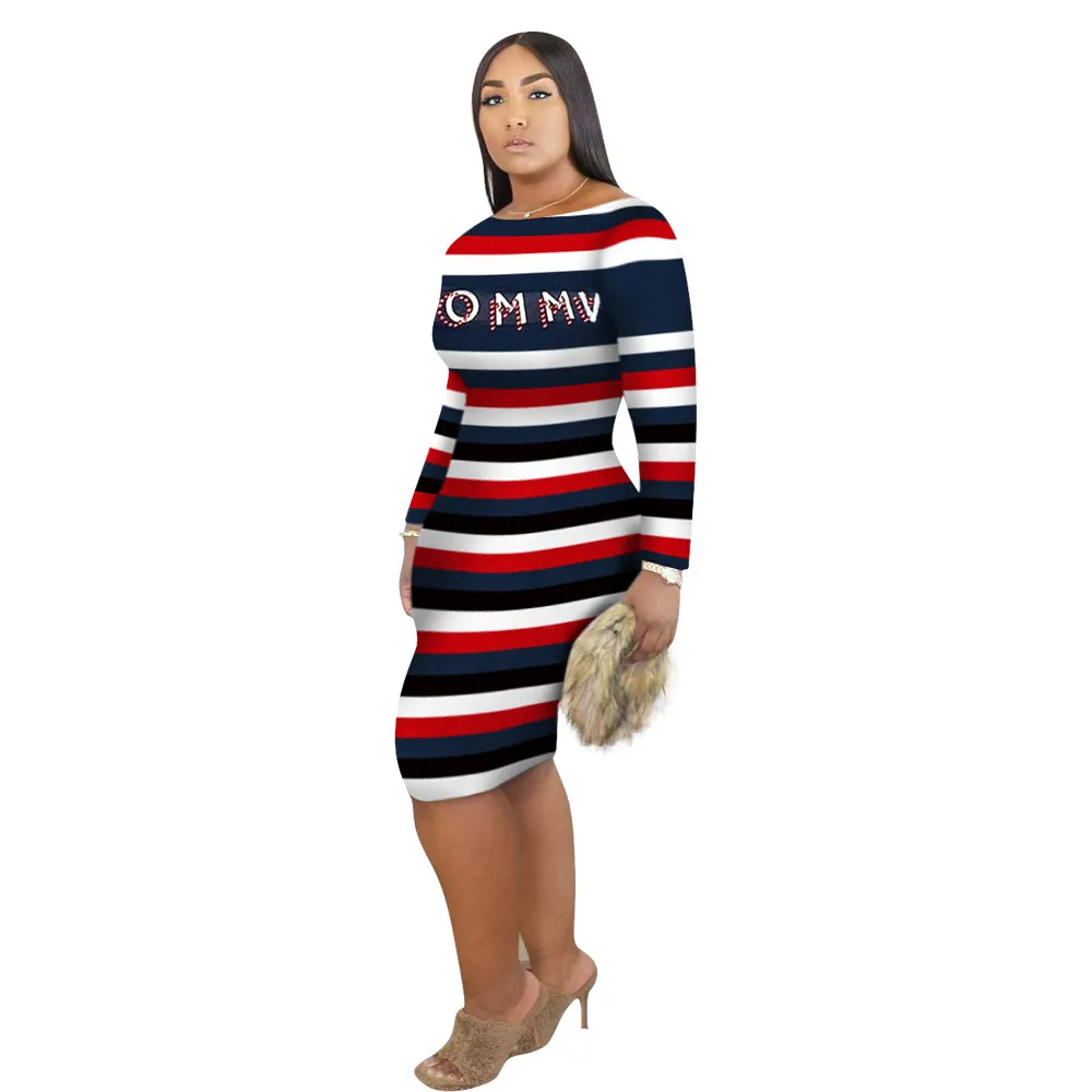 Contrast Color Striped Letter Printed Plus Size Dresses For Women Celebrity Fashion Long Sleeve Bodycon Midi Vestidos Wholesale 210525