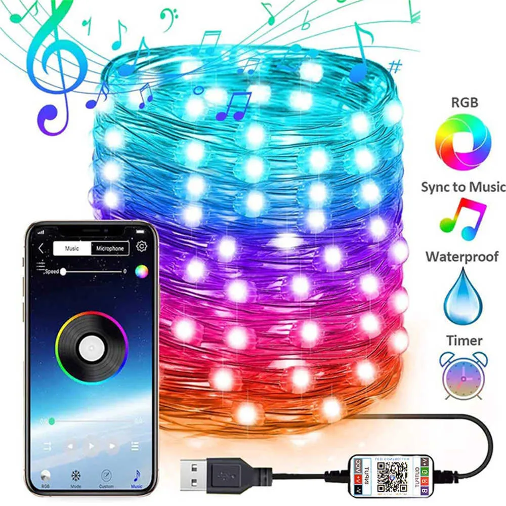 10/15/20M USB-Weihnachtsbaum-LED-Lichterkette mit Bluetooth-App-Steuerung, wasserdichte Lichterkette, Girlande für Zuhause, Party, Dekoration 211012