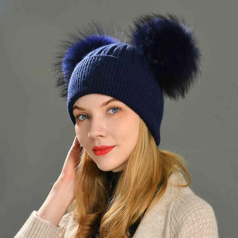 Vrouwen 겨울 모드 Meisjes Gehaakte Beanie En Voor Volwassenen Gebreide Wol Dubbele Twee Pompom Bont Hoed