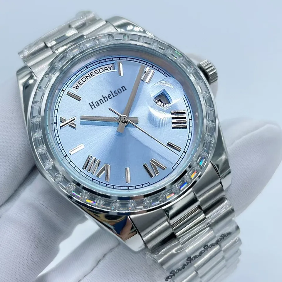 2021 Nya herrklockor Dag Datum armbandsur Roman Ice Blue Dial Automatic Mechanics 41mm Sapphire Glass DayDate Wristwatches2172