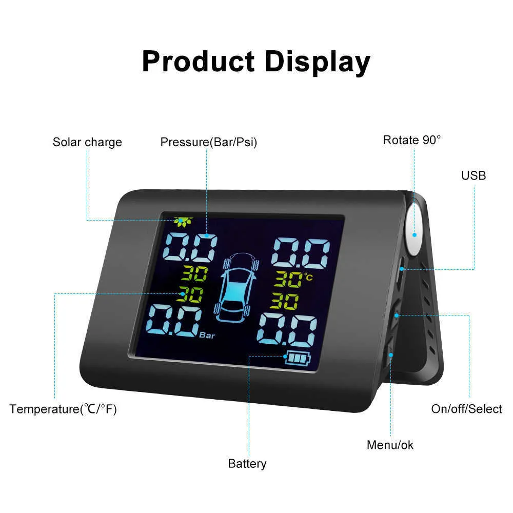 TPMS 태양 광 발전 자동차 타이어 압력 경보 90 조절 가능한 모니터 자동 보안 시스템 타이어 온도 경고 NEW231U