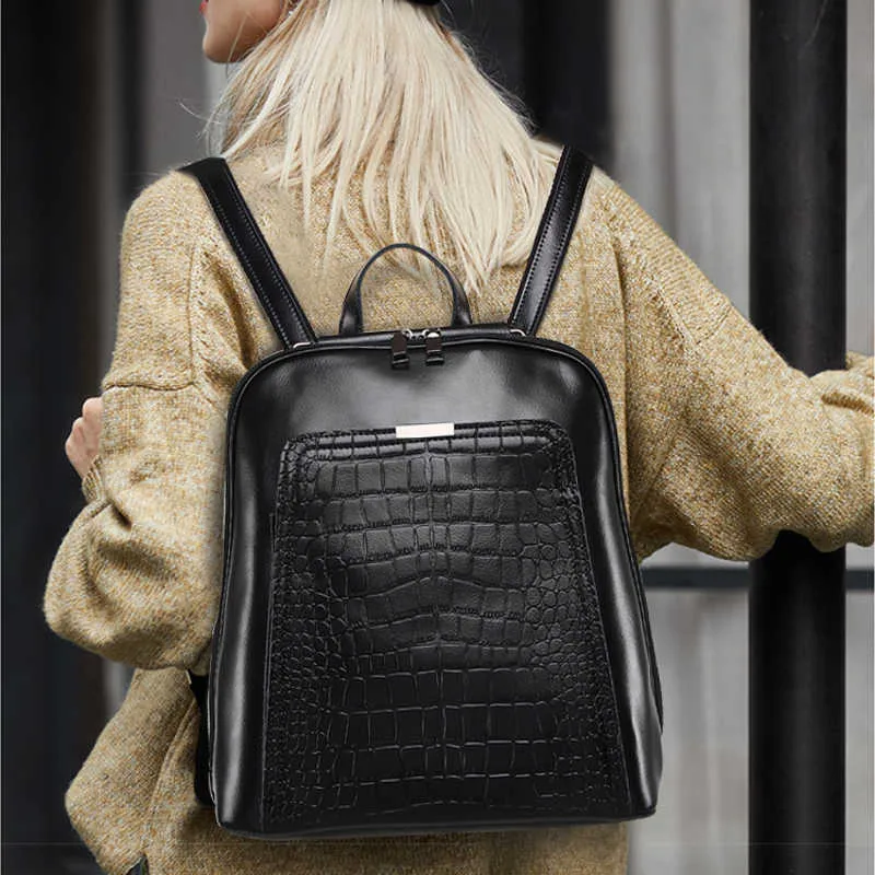 2021 nouvelle mode européenne et américaine en cuir motif Crocodile deux couches sac à dos en peau de vache femme sac voyage sac à dos Q0528