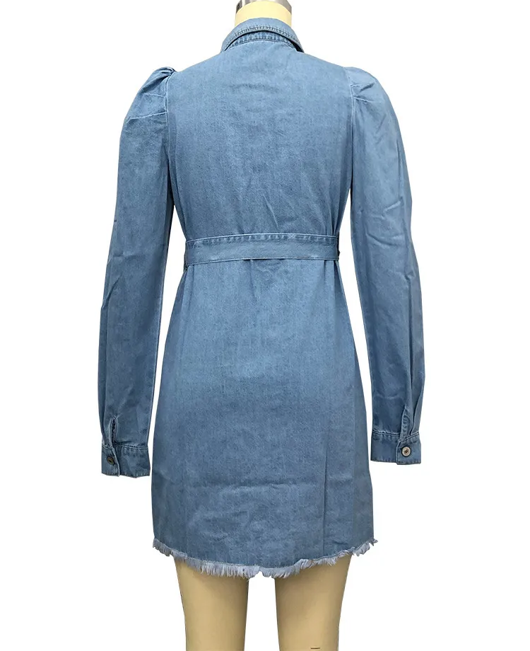 Mulheres Azul Longo Buff Manga Denim Camisa Vestido Autumn Lapels Bolsos Duplos Botão Botão Up Casual Vestidos Jeans Vestidos 210416