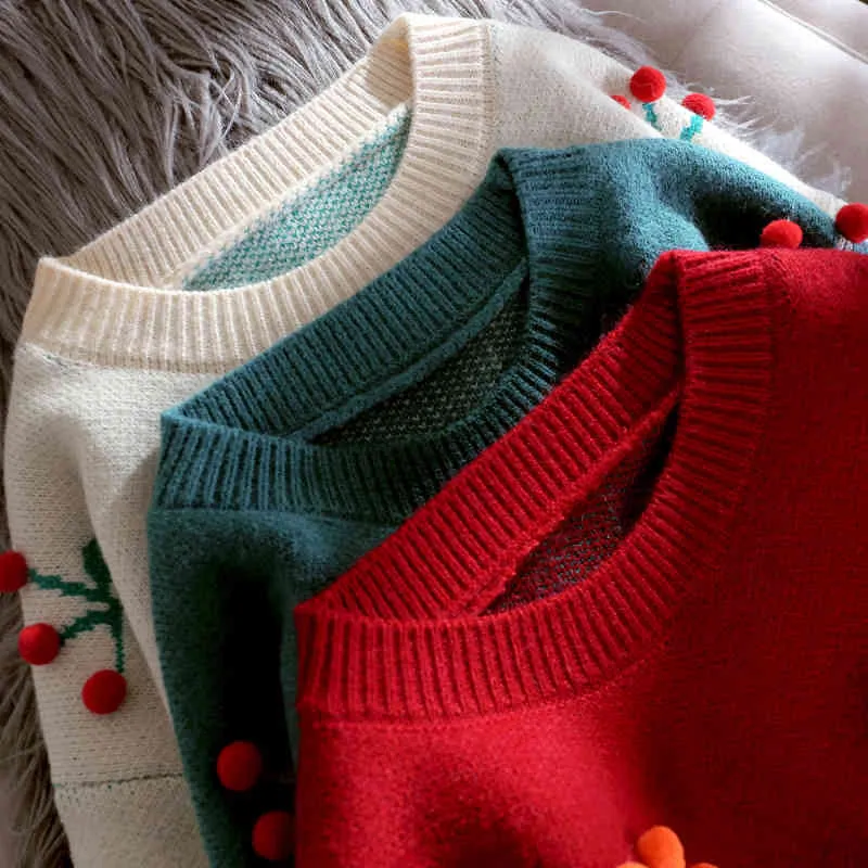 NELLOE осень зима женщин свитер с длинным рукавом о-шеи причина вязаные пуловеры 3d вишня сладкие вытягивающие перемычки 1g665 210423