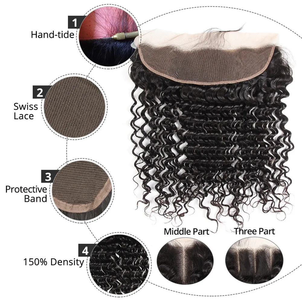 Cheveux brésiliens Remy Deep Wave 13x4 HD, Lace Frontal Closure, cheveux naturels, approvisionnement direct d'usine, pour vente en gros et au détail