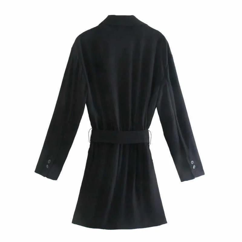 ZA 벨트 블레이저 드레스 여성 긴 소매 탄성 허리 블랙 office 숙녀 드레스 여자 세련된 패치 포켓 빈티지 드레스 210602