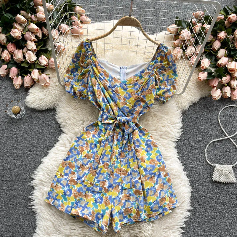 Singreiny Women Boho Floral Rompers Retro Puff Sleeve V Neck Sashes Casual Jumpsuit Sommar Vacation Beach Wide Ben Short Rompers 210419