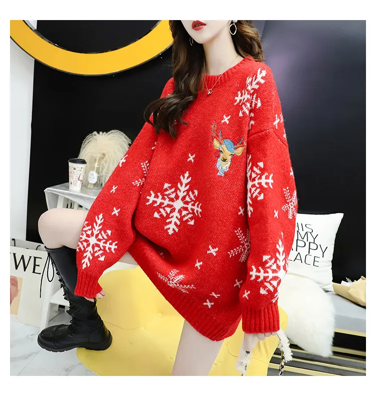 H.SA femmes pull et pulls décontracté flocon de neige cerf hiver tricot vêtements dessin animé rouge noël pulls surdimensionné 210417
