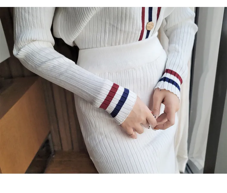 Conjunto de Duas Peças Vintage Feminino Coreano Primavera Outono Decote em V Listras Cor Contraste Suéter de Malha + Cintura Alta Bodycon Skit 210519