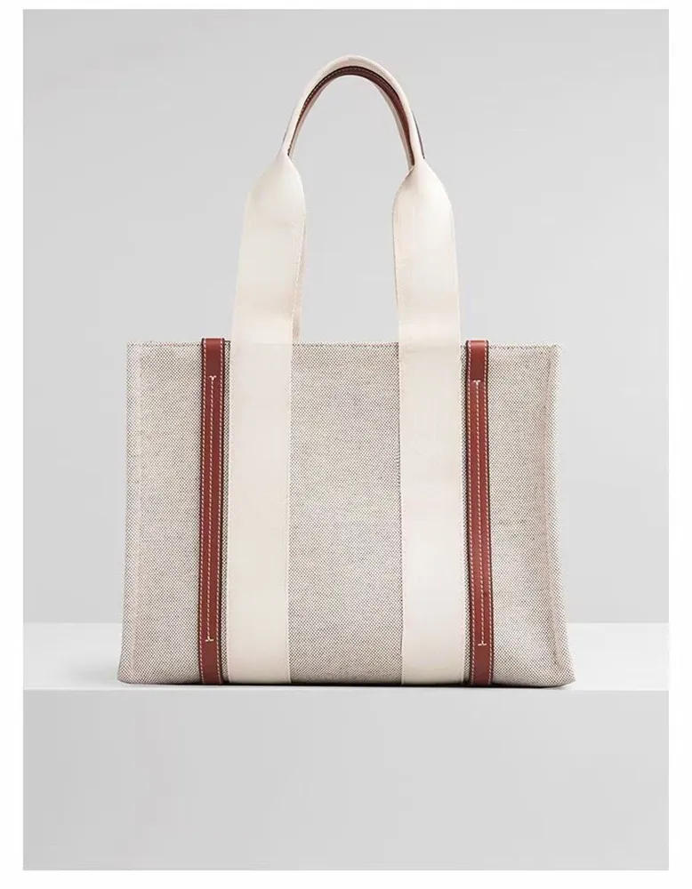 Bolso de hombro para mujer con estampado de letras a rayas de gran capacidad, bolso de lona informal japonés para mujer