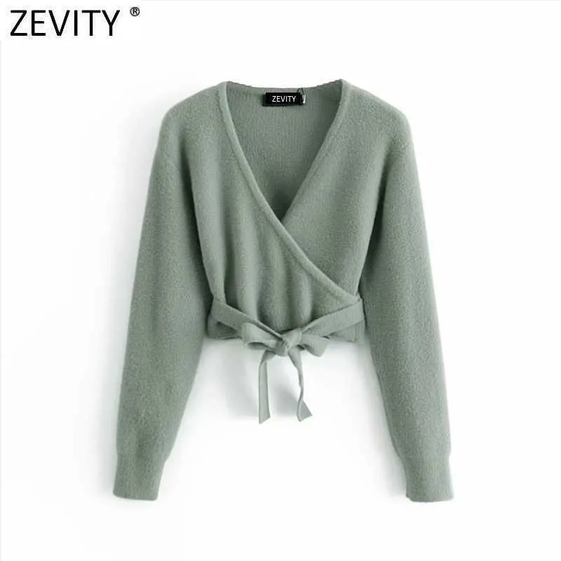 Zevity女性のファッションクロスVネックソリッドカラーショートニットセーター女性シックな長袖裾蝶ネクタイスリムトップS621 210603