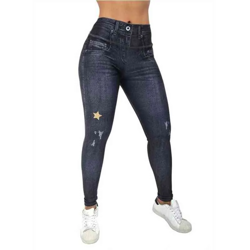 Женщины леггинсы худые протягивания брюки брюки штаны джинсовые печать звезды дизайн брюки повседневные весенние летние джеггинсы не джинсы 211215