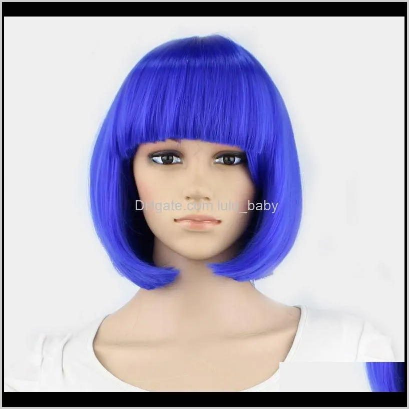 synthetic 10inch straight short bob wigs bangs blue golden red black white purple pink green brown cosplay wig female