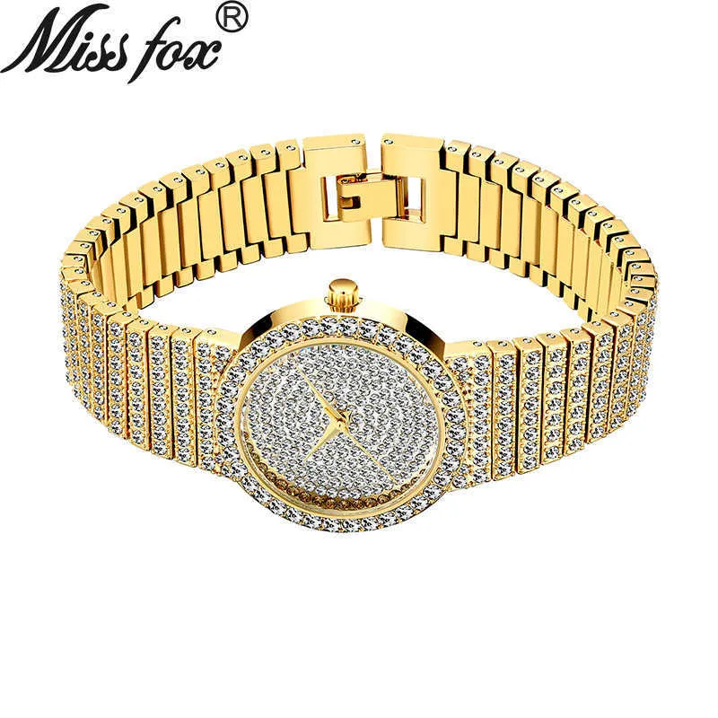 Missfox Top Brand Unique Watch Men 7 mm Ultra mince 30m résistant à l'eau Iced out rond cher 34 mm Slim Man Women Femmes Watch 210222B