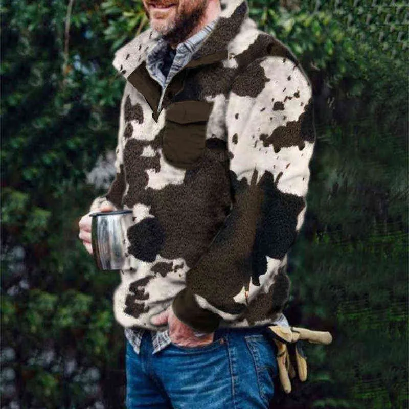 Fashion Chauffeur de laine chauds Camouflage d'automne Camouflage Longue Pull en vrac Hiver Casual Fleece Coll-Down Men Men Tops Pullover 211221
