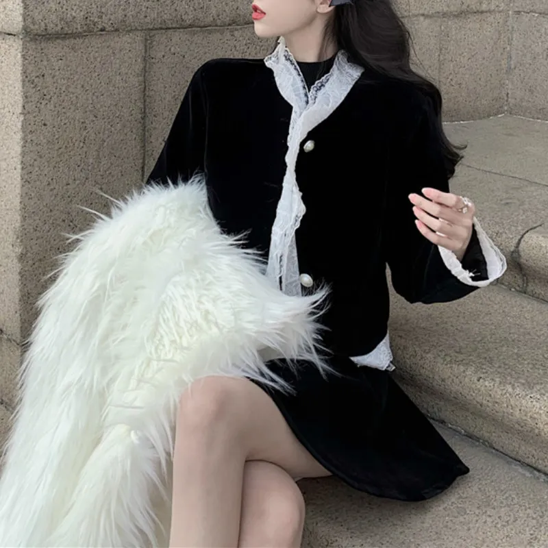 Ezgaga, conjunto de dos piezas, chaquetas recortadas de retazos de encaje negro Vintage informal para mujer y faldas de cintura alta, prendas de vestir elegantes, Tops coreanos 210430
