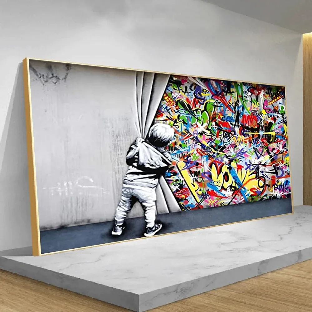 Achter het gordijn Canvas schilderijen Graffiti Street Art Banksy Graffiti Art Cuadros Wall Art Pictures voor woonkamer Home Decor C275q