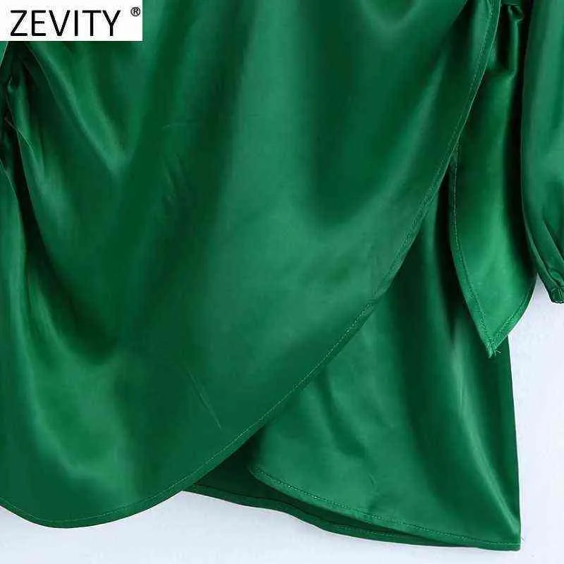 Zevity kvinnor mode halv hög krage sida båge bundet grön mjuk satin mini klänning kvinnlig chic oregelbunden hem party vestidos DS9085 Y1204