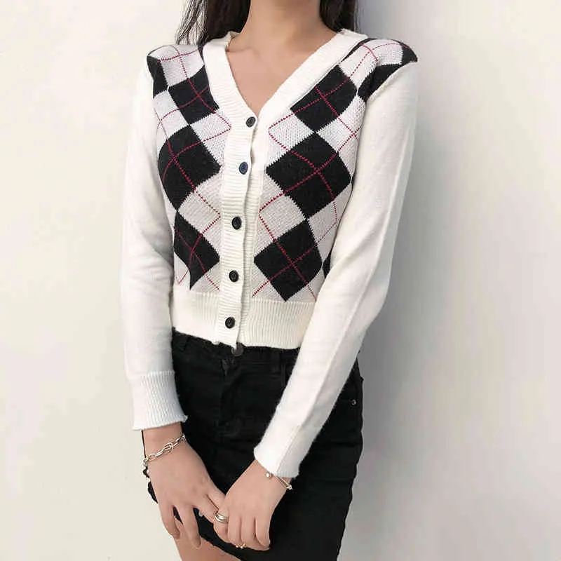 Argyle Button-Down Dzianiny Kardigan Swetry Dla Kobiet Z Długim Rękawem Zima Moda Jesień Ubrania Koreański Coat Crop Top Femal 210510