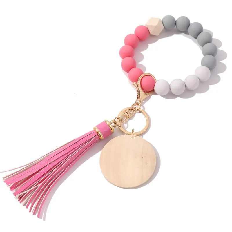 Keychains Womens Keyrings Wood Blank Disc Wristlet Key Ring Holder Silicone Bead Tassel Bracelet Bangle Keychain240W