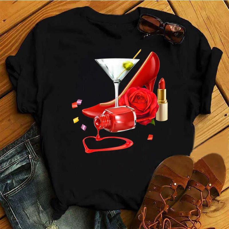 Vrouwen T-shirt Wijnglas en Nali Art Hart Print Zwart T-shirt Vrouwelijke T-shirt Mode Korte Mouw Tee Tops Harjauku leuke T-shirt X0628