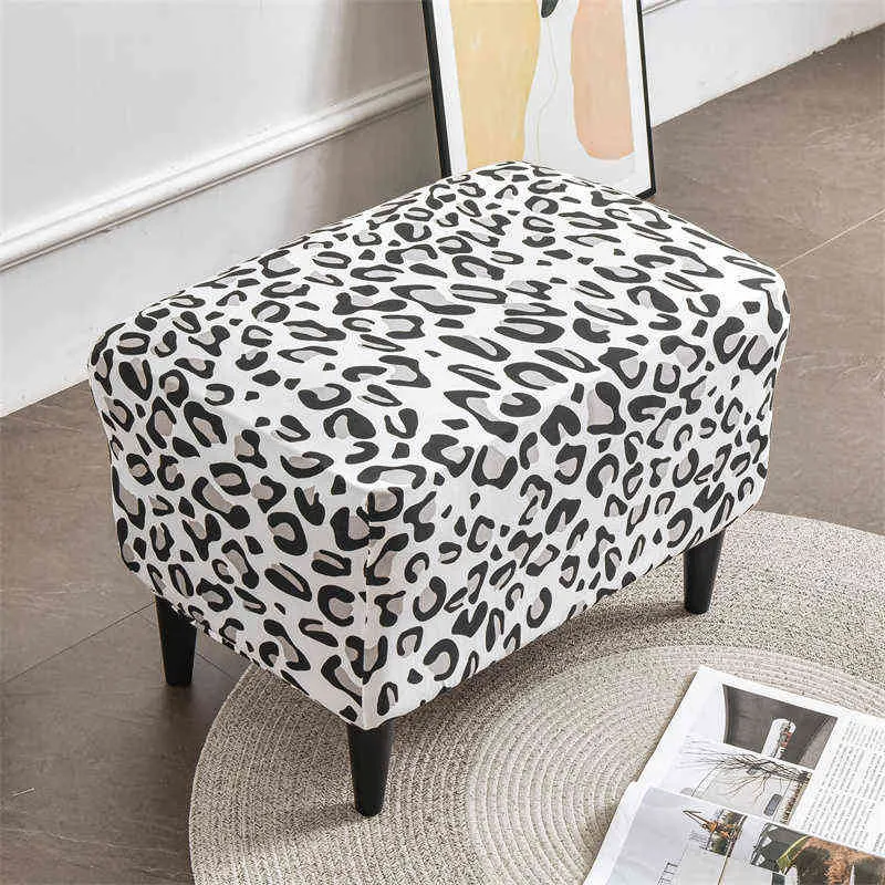 Leopard Print Ottoman Covers Spandex Rectangle Stool All-inclusive Footstool Furniture Protector Sofa Footrest 211116