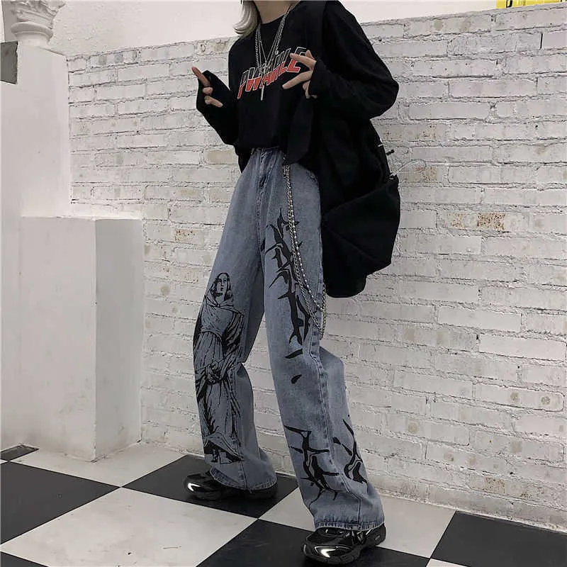 Harajuku Dames Jeans Broek Streetwear Printed Hippie Denim Pant Koreaans Wide Been Vintage Losse Broek Vrouw 210708
