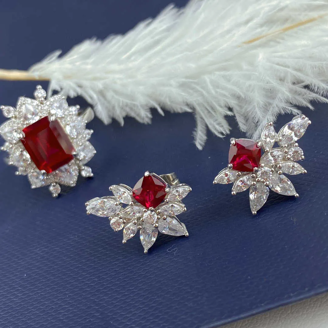 Conjunto de joias de prata esterlina 925 pura para mulheres, conjunto de joias com pedras preciosas de rubi vermelho, pulseira, anel, brincos, joias de festa, 9070753