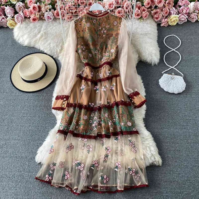 Elegante ver a través de la manga de la linterna de malla flor bordado costura adornos de encaje de cintura alta dulce arco fiesta vestido largo 210416