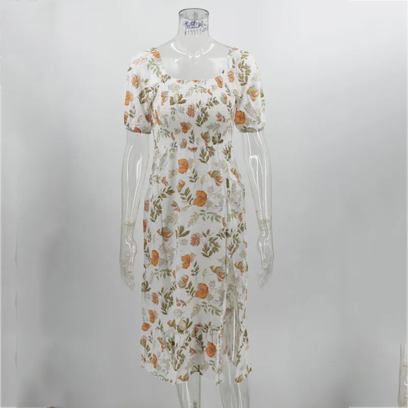 Foridol Leaf Print White Summer Long Dress Women Slit Vintage Maxi Beach Holiday Dress Puff Sleeve New Women Clothing 210415