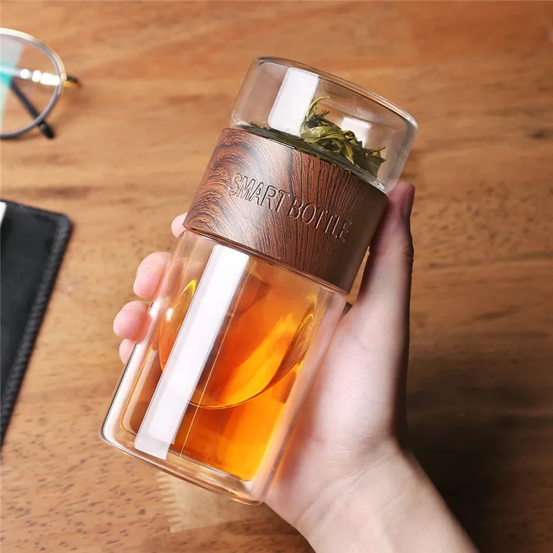 Bouteille d'eau en verre avec filtre à infuseur, sac à Double paroi de séparation de 200ml, étanche, cadeau pour hommes