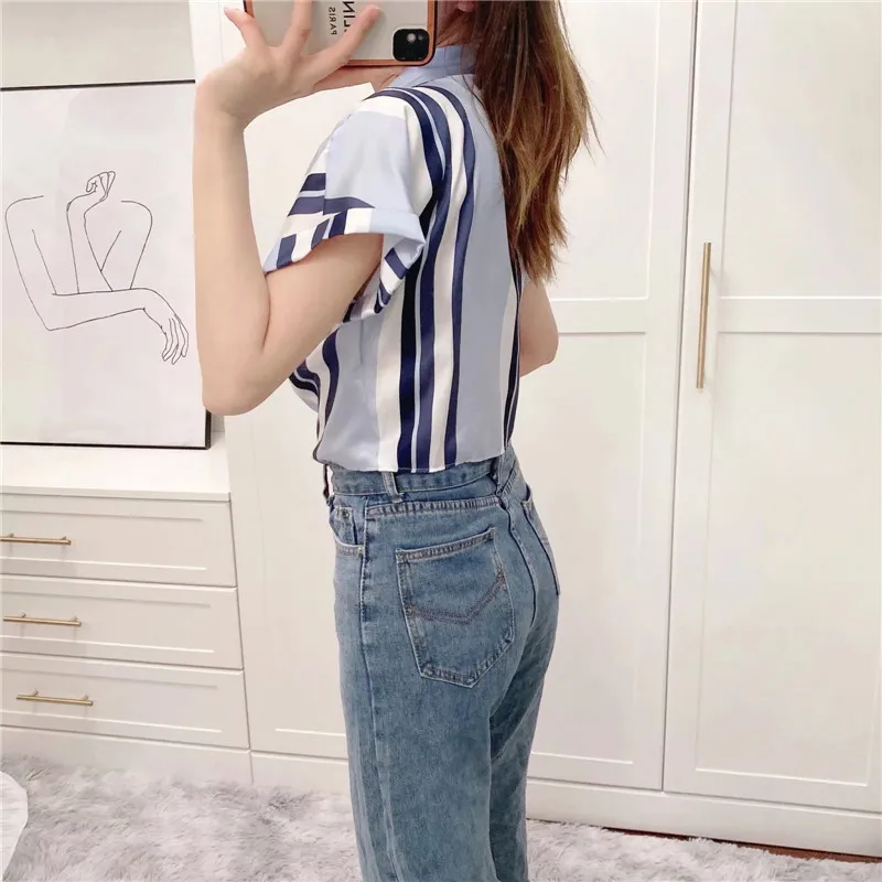 Blue Striped Crop Top Women Shirt Fashion Knot Wrap Short Sleeve Satin Woman Casual Chic Summer Blouse 210519