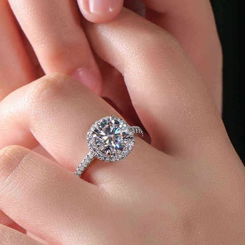 100% GRA pierścionki zaręczynowe damskie prawdziwe srebro 2 Ct okrągły brylantowy diament Halo ślubna biżuteria 220207