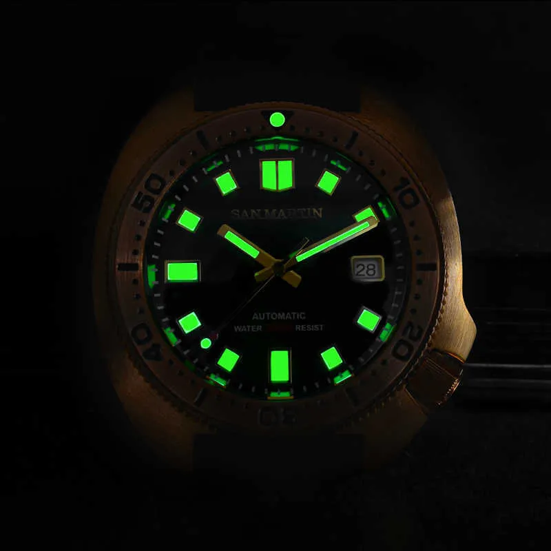 San Martin Abalone Bronze Diver Relojes Hombres Reloj Mecánico Luminoso Resistente al Agua 200 M Correa de Cuero Relojes Elegantes 210728281r