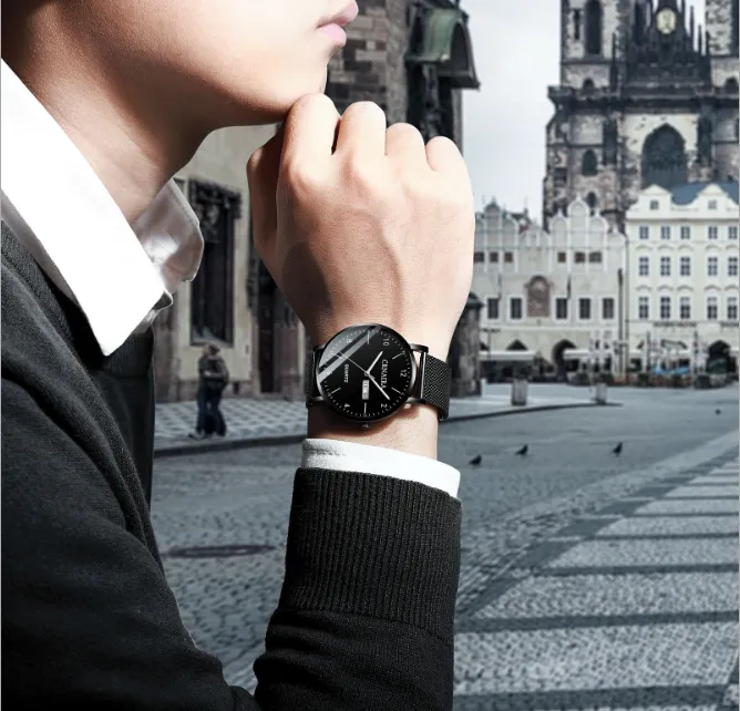 Crnaira preto malha de aço banda quartzo relógios masculinos calendário luminoso relógio grande três mãos lay out design casual negócios elegante m331q