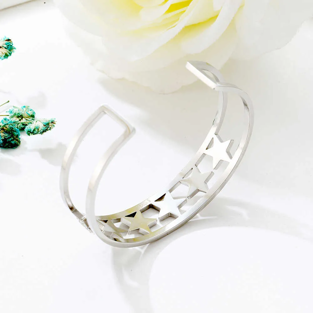 Rose Gold Rvs Pentagra Star Open Manchet Armband Bangle voor Vrouwen Helder Kleurrijke Crystal Bangle 2019 Nieuwe Sieraden Gift Q0719