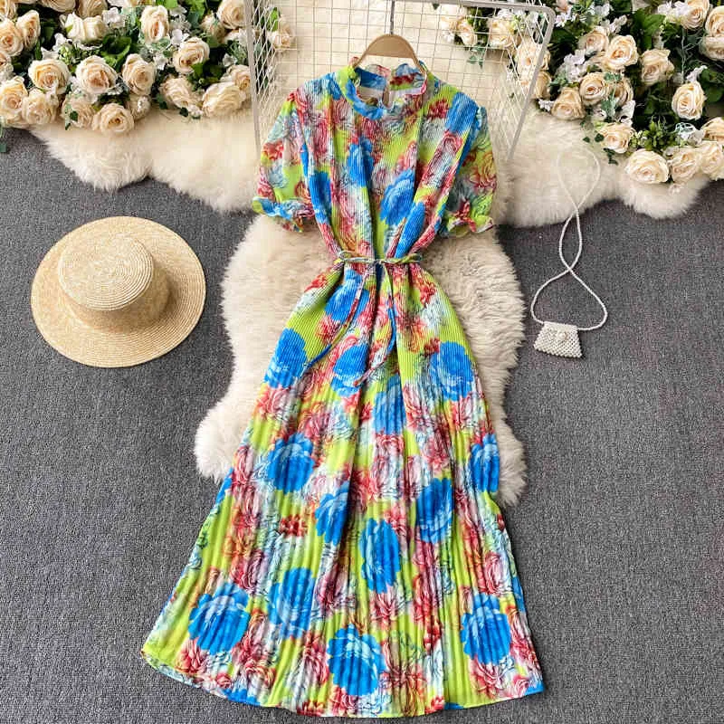 Singreiny Women Design Flower Dress Summer Puff Sleeve O Neck Ruched A-Line Dresses French Romantic Vacation Midi Long Dress 210419