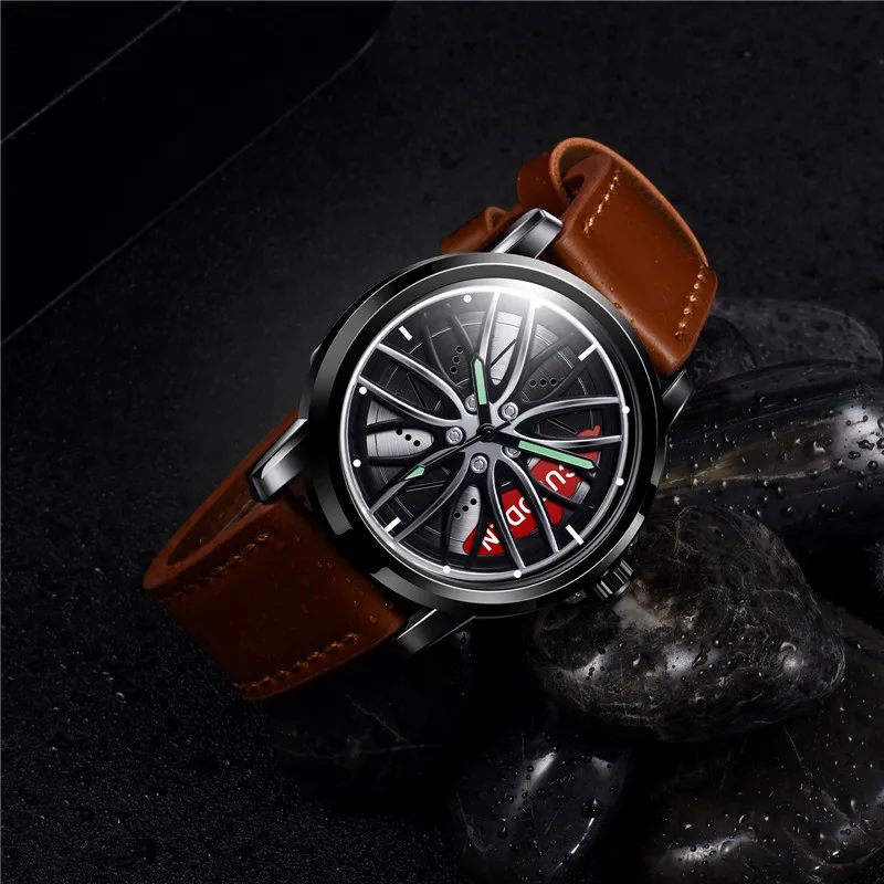 Bracelet en cuir créatif Unique Cool Sport 3D jante montre squelette Quartz hommes voiture roue montre de luxe en acier horloge Cool mâle reloj