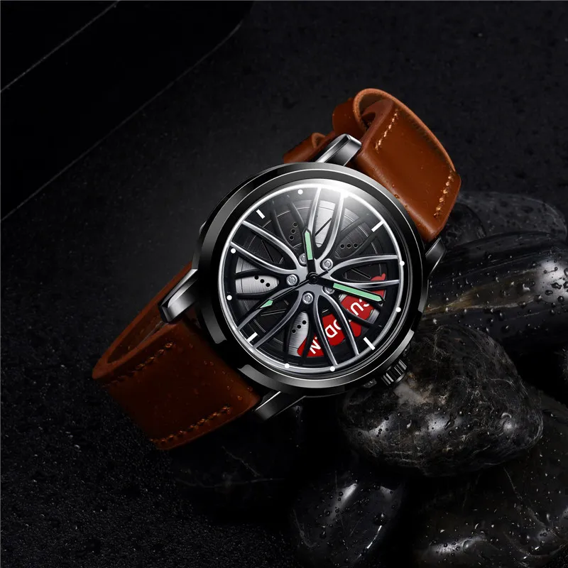 Creative Leather Strap Unique Cool Sport 3D Rim Watch Skeleton Quartz Mens Car Wheel Watch Luxury Steel Clock Cool Male reloj