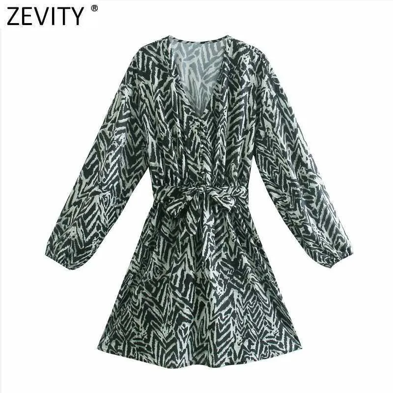 Zevity Women Vintage Vネックプリント弓ティーサッシミニドレス女性プリーツパフスリーブカジュアルスリムvestido DS5018 210603