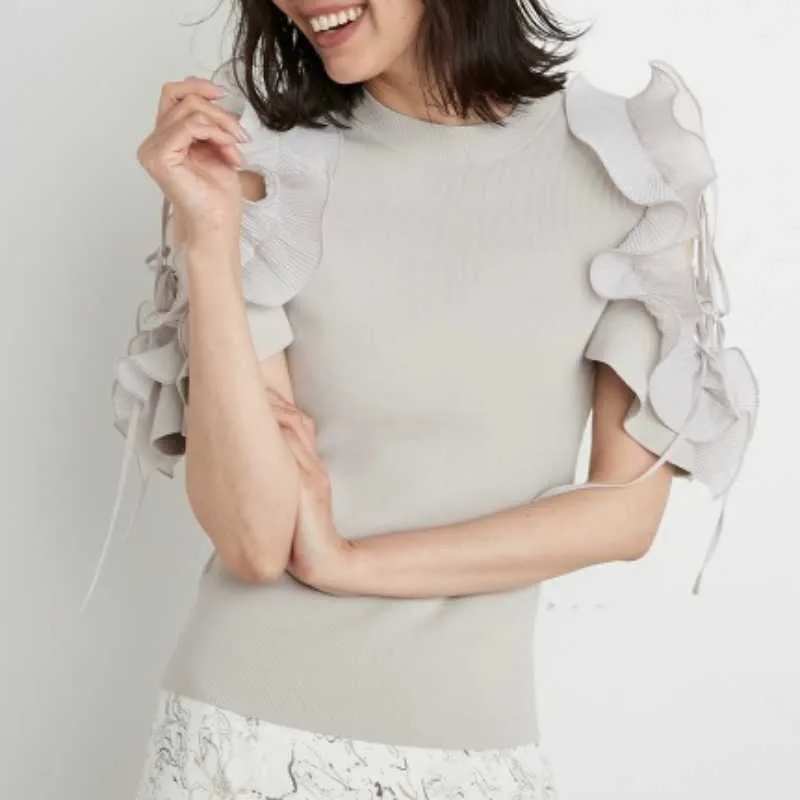 Stile giapponese elegante temperamento o collo pullover da donna estate kawaii volant maglioni con spalle scoperte top slim fit in maglia 210525