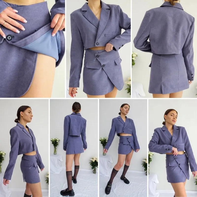 Vintage Sexy One Button Short Women Corduroy Blazer High Waist Irregular Cross Slit Mini Skirt Long Sleeve Suits Set 220302