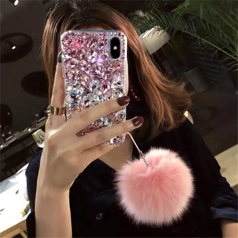 Bling Crystal Diamond Fox Fur Ball Подвеска Чехол для Iphone 1112 Pro Max XS Max XR X 8 7 6S Plus Samsung Galaxy Note 910 S81188203