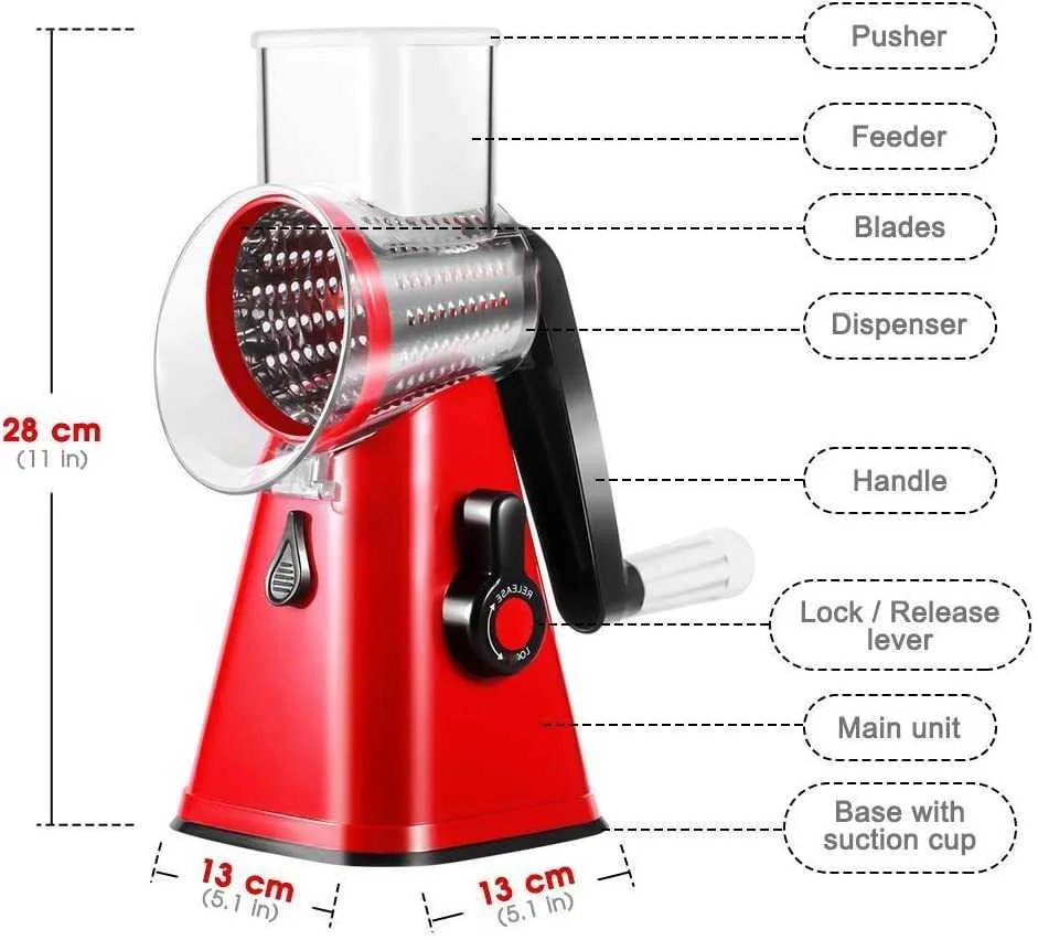 Handmatige groente fruit mandoline snijmachine kaas rasp met 3blades snijmoer shredder roterende drum chopper keuken Cozinha 210611