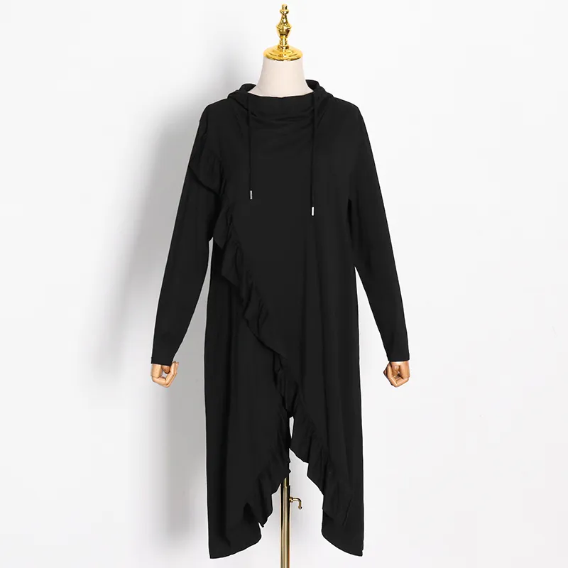 Automne hiver capuche à manches longues noir volants fendu joint irrégulier sweat-shirt femme mode 210520