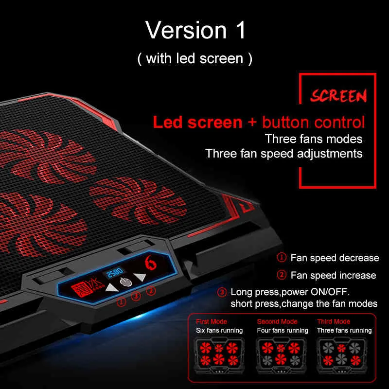 6 Lüfter, Kühlkissen, 2 USB-Anschlüsse mit LED-Bildschirm, 2600 U/min, 14–17 Zoll Gaming-Laptop-Kühlerständer