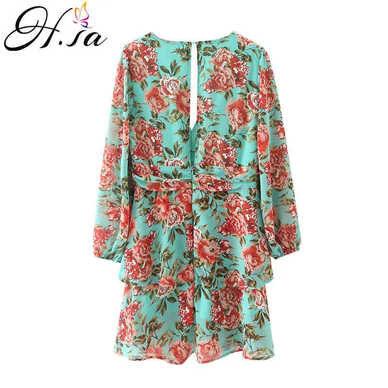 HSA Mulheres Floral Impressão Boho Vestido Festa Sexy V Neck Manga Longa Roupas de Primavera com Laço da cintura Vestido de dia elegante 210716