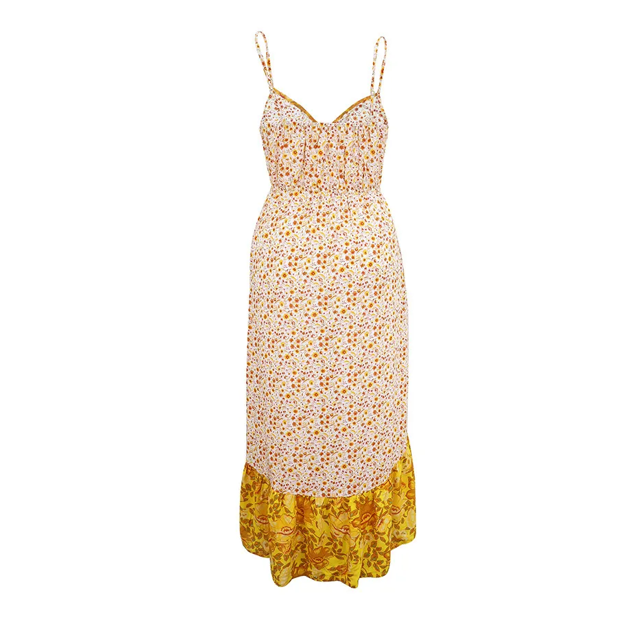 Foridol estampado floral bohemio vestido largo mujer correa de espagueti Irregular Maxi amarillo playa vestido cuello pico algodón verano vestido 210415