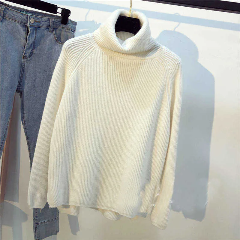 Autumn Winter White Knitted Sweaters Women Korean Warm Turtleneck Long Sleeve Pullover Casual Loose Female Knitwear Jumper 210526